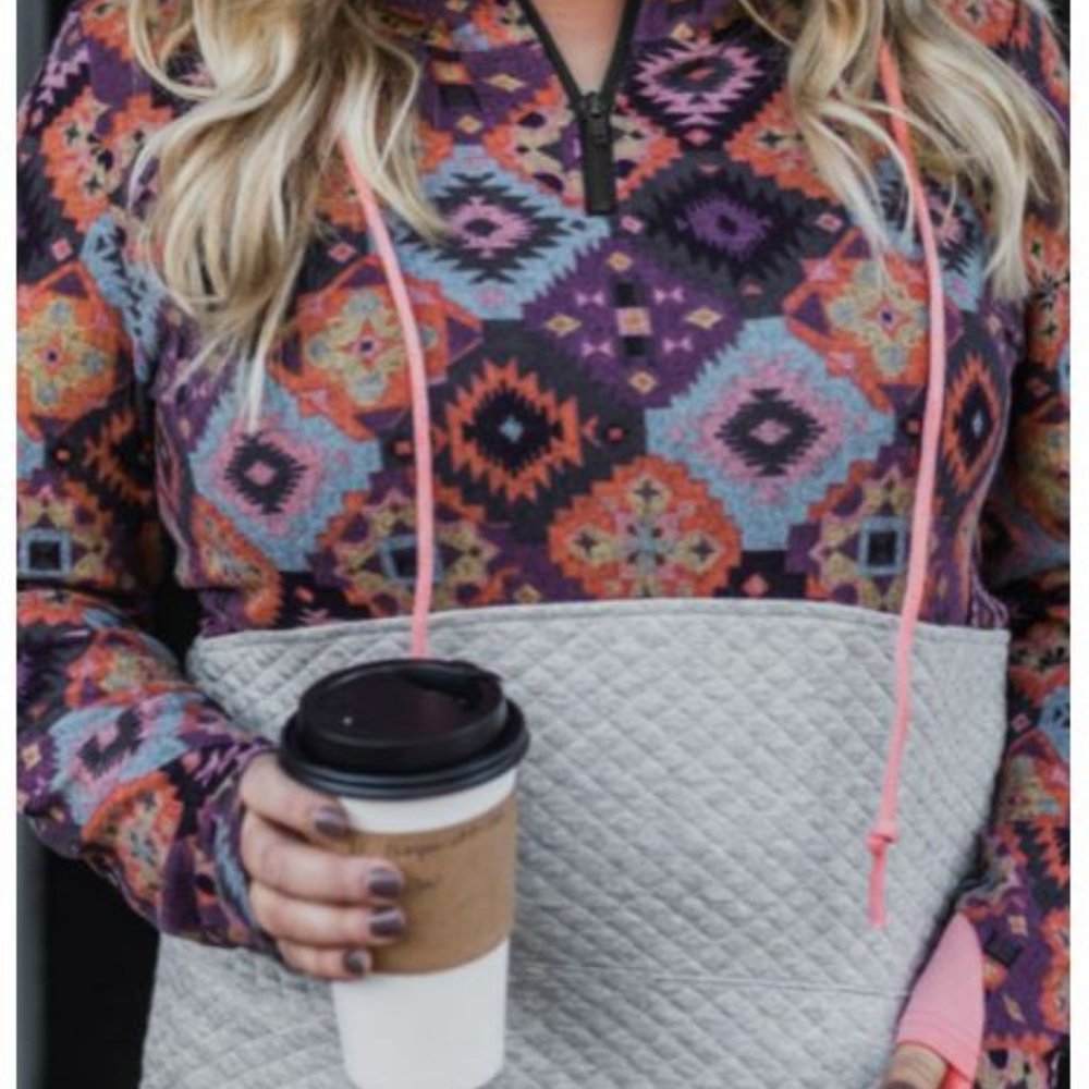 Aztec Print Colorblock 1/4 Zip Kangaroo Pocket Hoodie